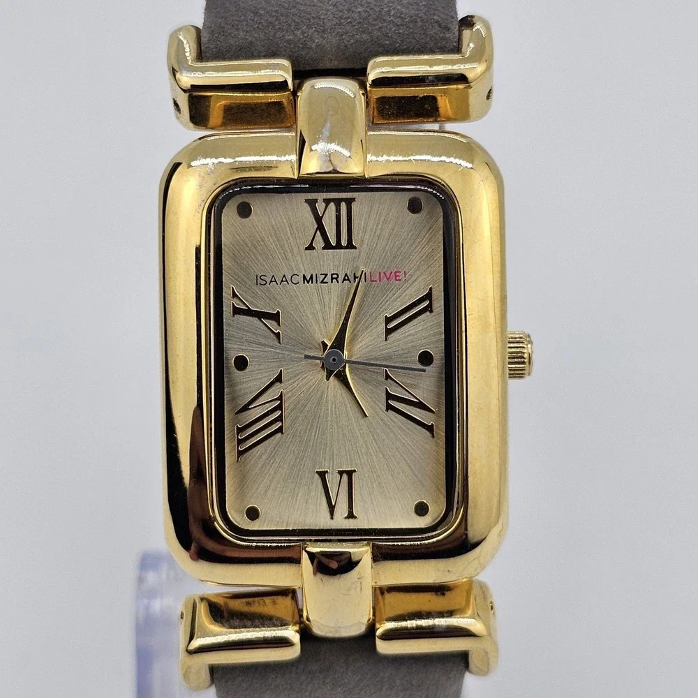 Issac Mizrahi Live Watch Women 24MM Gold Dial‎ Gray Leather Bands New Battery